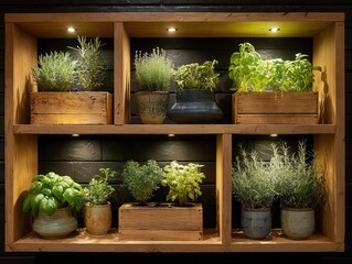 Wooden shelf with potted herbs