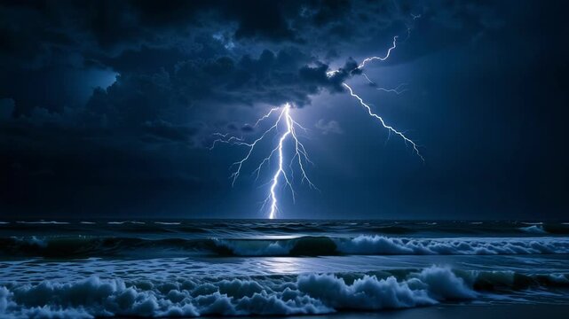 Powerful lightning bolts illuminate dark storm clouds over a turbulent ocean in this intense night scene captured in stunning four thousand resolution.