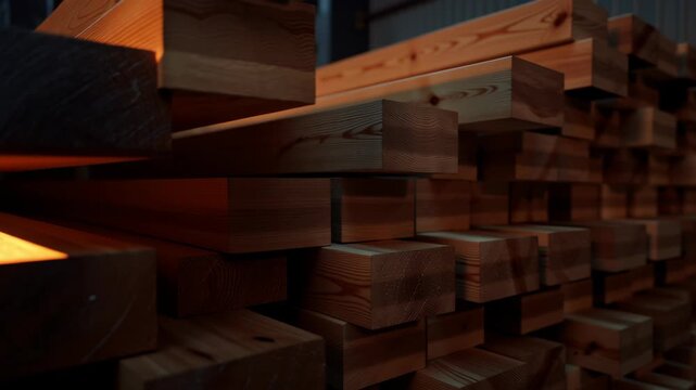 Wood plank stack and timber lumber in workshop bathed by warm sunlight highlighting texture and grain of wood surfaces