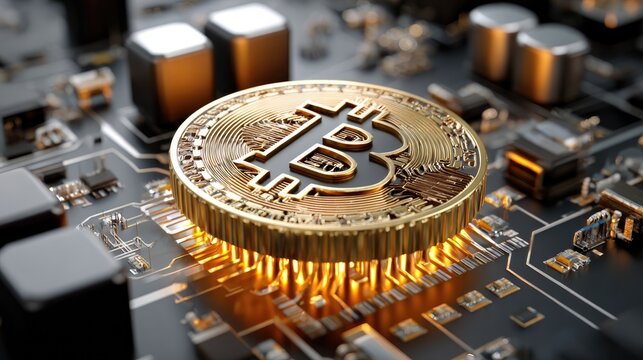 Digital Currency: The golden glow of a Bitcoin rests majestically atop an intricate circuit board, symbolizing the convergence of cutting-edge technology and the future of finance.