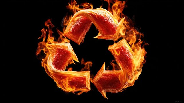 Burning Recycling: A striking image of the universally recognized recycling symbol, enveloped in vibrant flames, representing the urgency and significance of environmental sustainability.