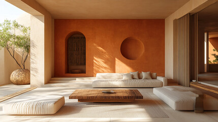 Interior view of a living room with orange wall, couch, wooden table and a potted tree on the side