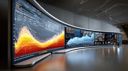 Data Visualization Display: A panoramic view of a sophisticated data visualization display, showcasing dynamic charts and graphs in a modern, technology-driven environment.