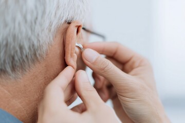 Audiologist fits a discreet, modern hearing aid into a senior patient's ear. Audiology, hearing loss solutions, and sound technology