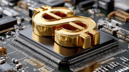 Digital Finance: A close-up of a golden dollar sign resting on a computer chip, symbolizing the convergence of finance and technology in a macro shot with an engaging composition and lighting.
