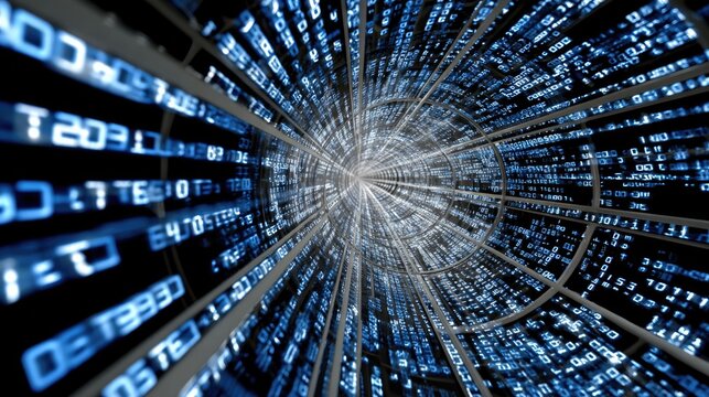 Digital Data Flow: A captivating digital representation of a data stream, as binary code cascades through a tunnel - Powered by Adobe