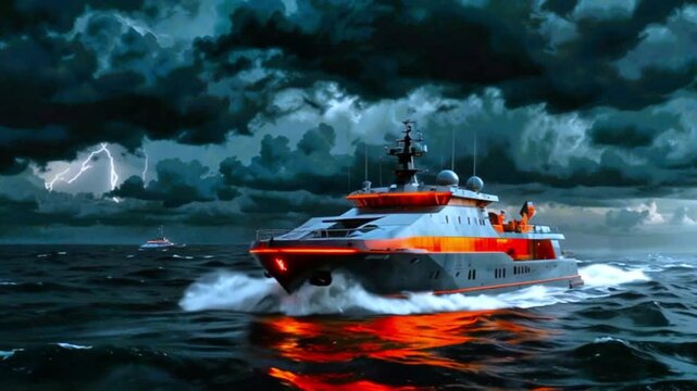 A speedboat on choppy waters with a dramatic, dark sky in the background. The boat has a sleek design with blue and orange colors.
