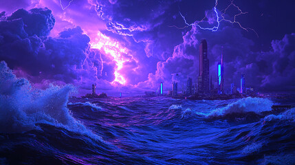 a neon cyberpunk stormy ocean