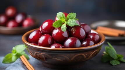 Fresh cherries in a bowl with mint and cinnamon.
