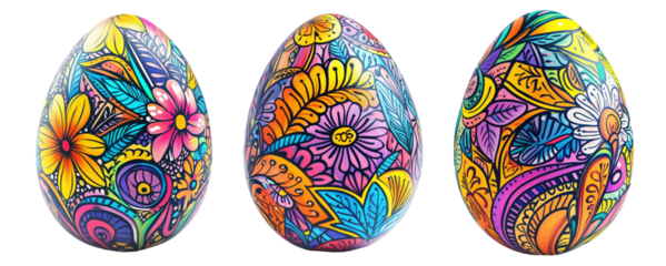 Decorative Easter egg with intricate floral patterns in vibrant colors isolated on white transparent background. Concept of festive celebration, art, and tradition