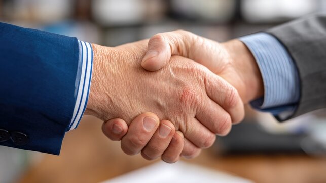 Deal of a Lifetime: Two businesspeople seal a decisive deal, symbolizing a robust agreement through a handshake, underscoring professionalism and partnership in a vibrant corporate setting.