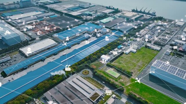 工業地帯空撮と通信ネットワークのコンセプト