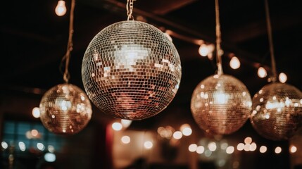 Obraz premium Close-up of shimmering disco balls hanging from the ceiling, surrounded by warm glowing lights, creating a festive and nostalgic atmosphere.