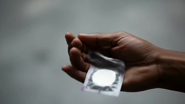 Cartoon dark hand holding unopened condom. Suitable for sexual health, contraception, safe sex, education, and relationships communication resources.