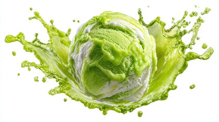 Obraz premium A scoop of green and white ice cream splashes in vibrant green liquid, creating an energetic and refreshing scene on a white background.