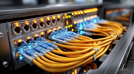 Network Data Transmission: A close-up shot of a network server reveals a complex web of data cables, expertly connected to the central hub, symbolizing modern communication.