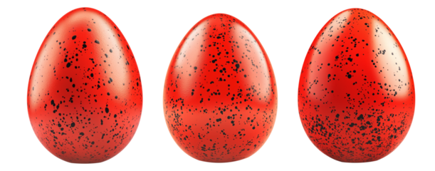 Glossy red Easter egg with black speckles isolated on white transparent background. The smooth surface and vibrant color create a striking and unique appearance