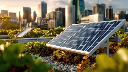 Fototapeta premium Harnessing the Sun: Solar panels on a rooftop garden, a symbol of urban sustainability, stand prominently with the city skyline in the backdrop, epitomizing eco-conscious living and innovation.
