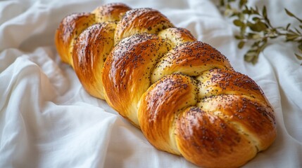A beautiful braided bread, with a shiny, deep golden-brown egg wash crust and sprinkled with poppy seeds, on a white linen cloth, traditional and celebratory, soft, elegant lighting.