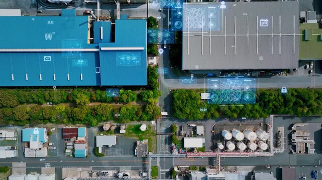Industrial area directly above aerial view and digital technology concept