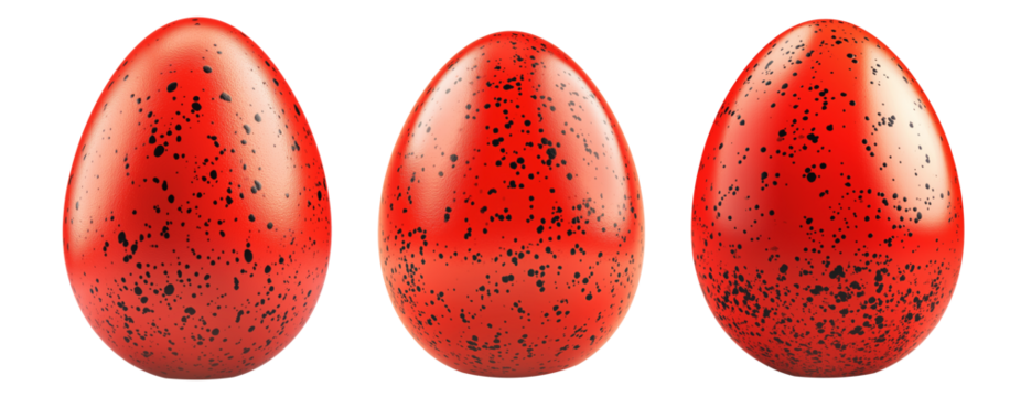 Glossy red Easter egg with black speckles isolated on white transparent background. The smooth surface and vibrant color create a striking and unique appearance