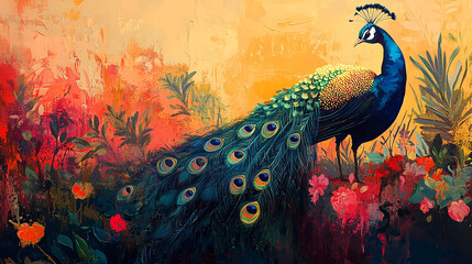 A vibrant painting of a peacock standing amidst lush flowers with a warm and colorful background art