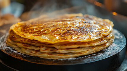 A stack of golden pancakes with steam rising, sitting on a dark surface, suggesting a fresh and warm treat