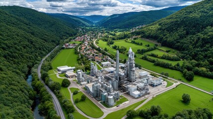 Industry Amidst Verdant Hills: An aerial view of a large industrial complex nestled in a valley, showcasing the contrast between technology and the natural environment.