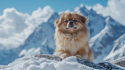 A fluffy dog sits on a snow covered rock with mountains and a blue sky in the background on a bright day