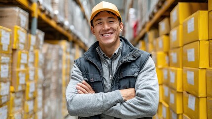 Warehouse Worker Portrait: A smiling warehouse worker, arms crossed, stands confidently amidst stacks of boxes in a well-organized warehouse. His positive attitude and professionalism shine through.