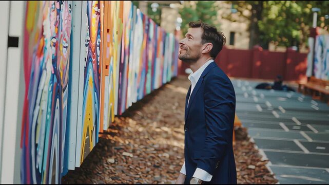 Art appreciator delves into the texture of a large-scale contemporary mural in a bright, modern exhibition space