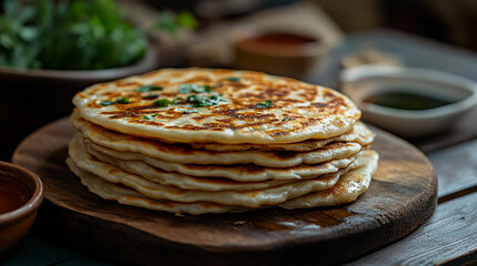 A close up shot of a stack of pancakes on a wooden board with some greens on top and bowls around it