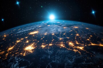 Planet Earth with glowing digital links between cities, global online network