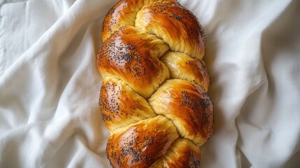 A beautiful braided bread, with a shiny, deep golden-brown egg wash crust and sprinkled with poppy seeds, on a white linen cloth, traditional and celebratory, soft, elegant lighting.