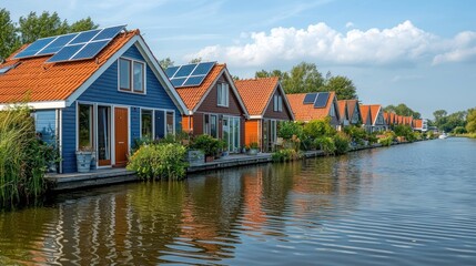 Obraz premium Colorful canal houses with solar panels