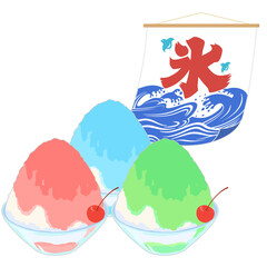 ガラスのボウルに入ったかき氷3つと、氷旗のイラスト  カラー 線なし