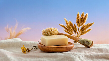 Wooden Toothbrush and Soap Dish on Linen with Dried Flowers