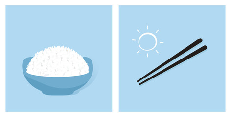 Rice bowl, chopsticks and sun icons on blue background vector. 
Meal time sign.