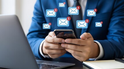 A businessman receives email notifications on his phone