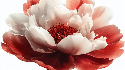 Close up of a peony flower with white and red petals and a red center on a white background