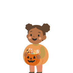 Happy Kid in Pumpkin Halloween Costume with Candy Bucket