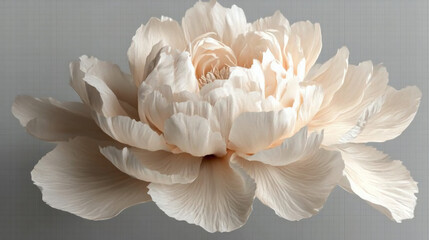 A close up of a beautiful peony flower with soft petals against a muted gray background in soft light