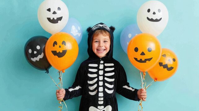 A cheerful child in a skeleton costume holds colorful Halloween balloons against a blue background, celebrating the festive season.