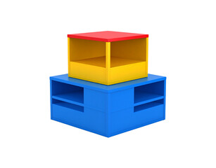 Stacked primary color storage cubes a minimalist red yellow and blue modular furniture piece.