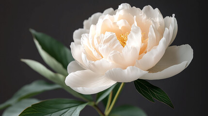 A close up of a white peony flower with green leaves against a dark gray background in soft lighting