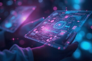 Person holding glowing futuristic device displaying complex data, revealing innovation, technology, and connections for future growth.