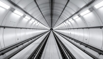 A long, white tunnel with tracks
