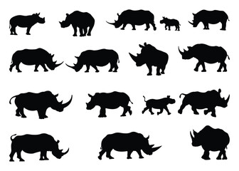 Set of silhouettes of rhinos in different poses. Excellent images. Separate background. Vector illustration.