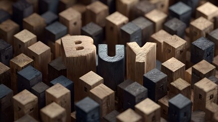 Fototapeta premium Surreal Artistic Montage of a Minimalist Consumer Market Featuring a Reflective Cube Wooden Block and Bold Chalkboard Symbolism