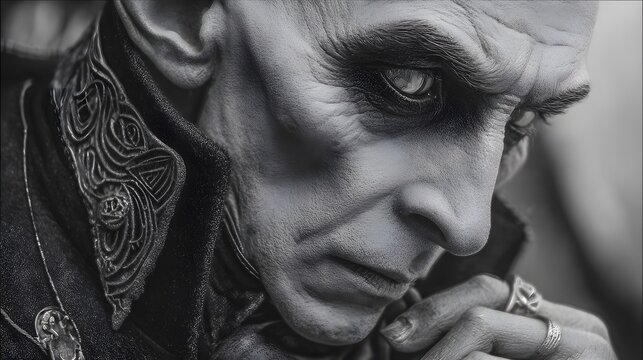 Hyper-realistic portrayal of a modern nosferatu merging Victorian allure with contemporary street style, capturing striking visual details and a captivating enigmatic presence